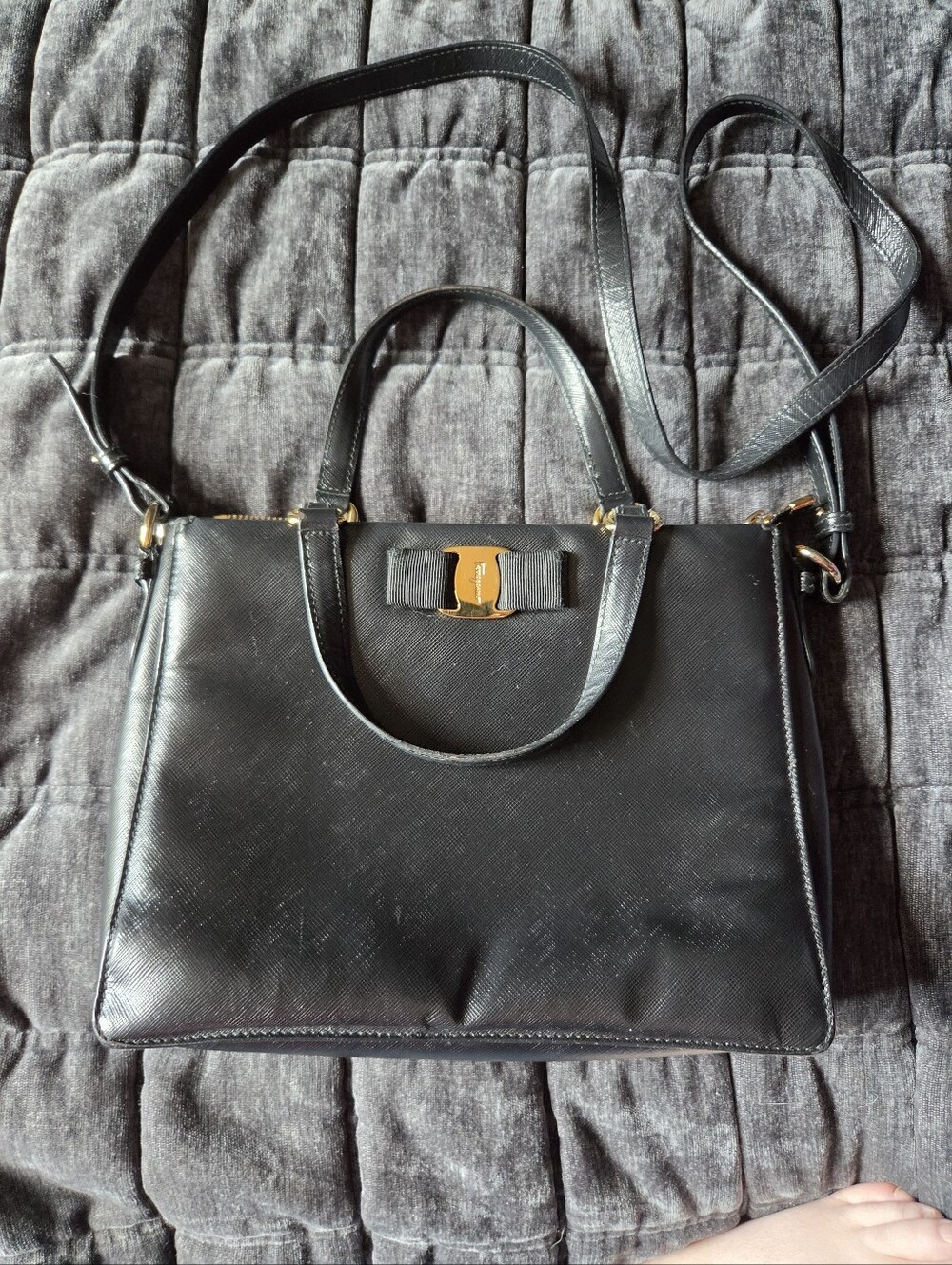 Salvatore Ferragamo Black Leather Top-Handle Shoulder Bag with Gold Bow Accent